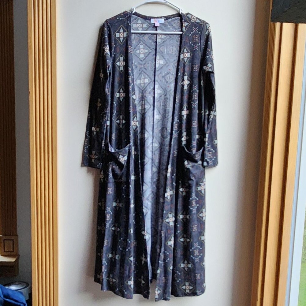 LuLaRoe Art Deco Print Long Open Cardigan Jersey Size Small